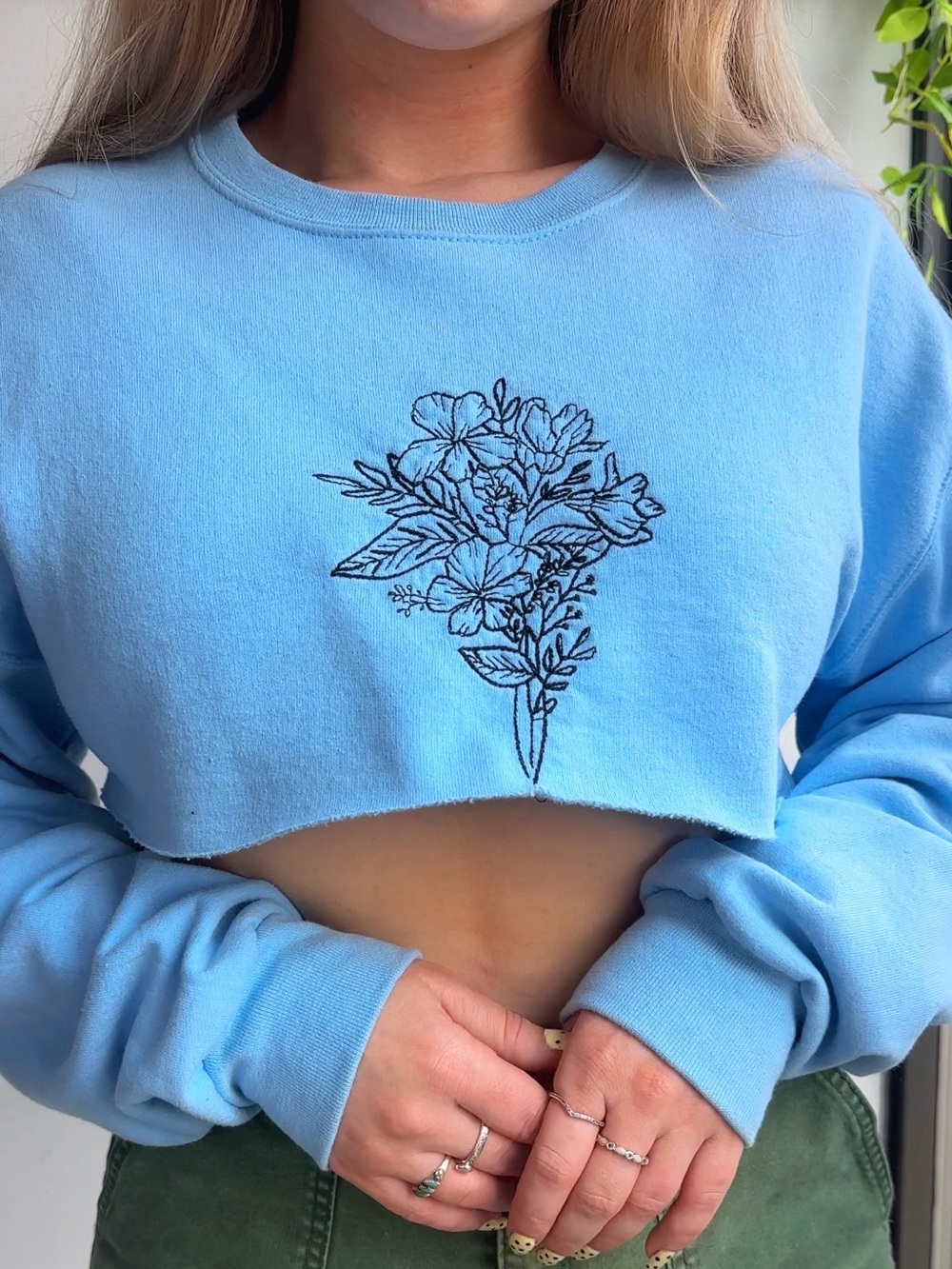 Upcycled Light Blue Cropped Floral Sweatshirt Fleece Crewneck